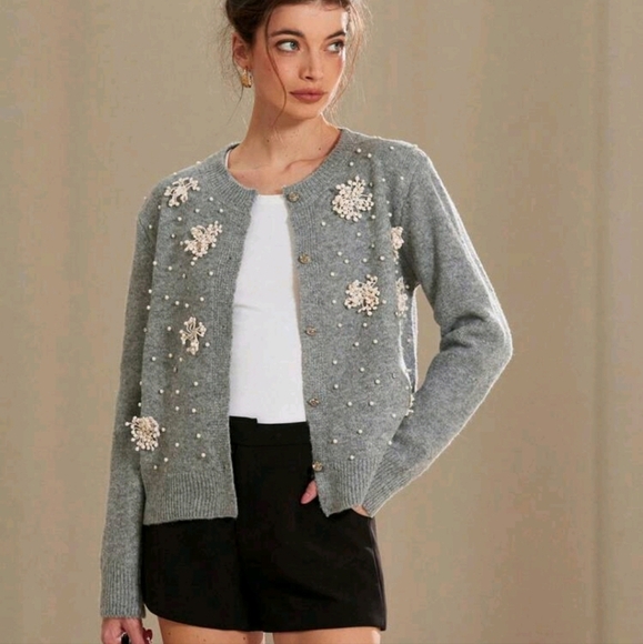 French Romantic 3D Floral Beaded Knitted Cardigan Sweater Top - Picture 3 of 4